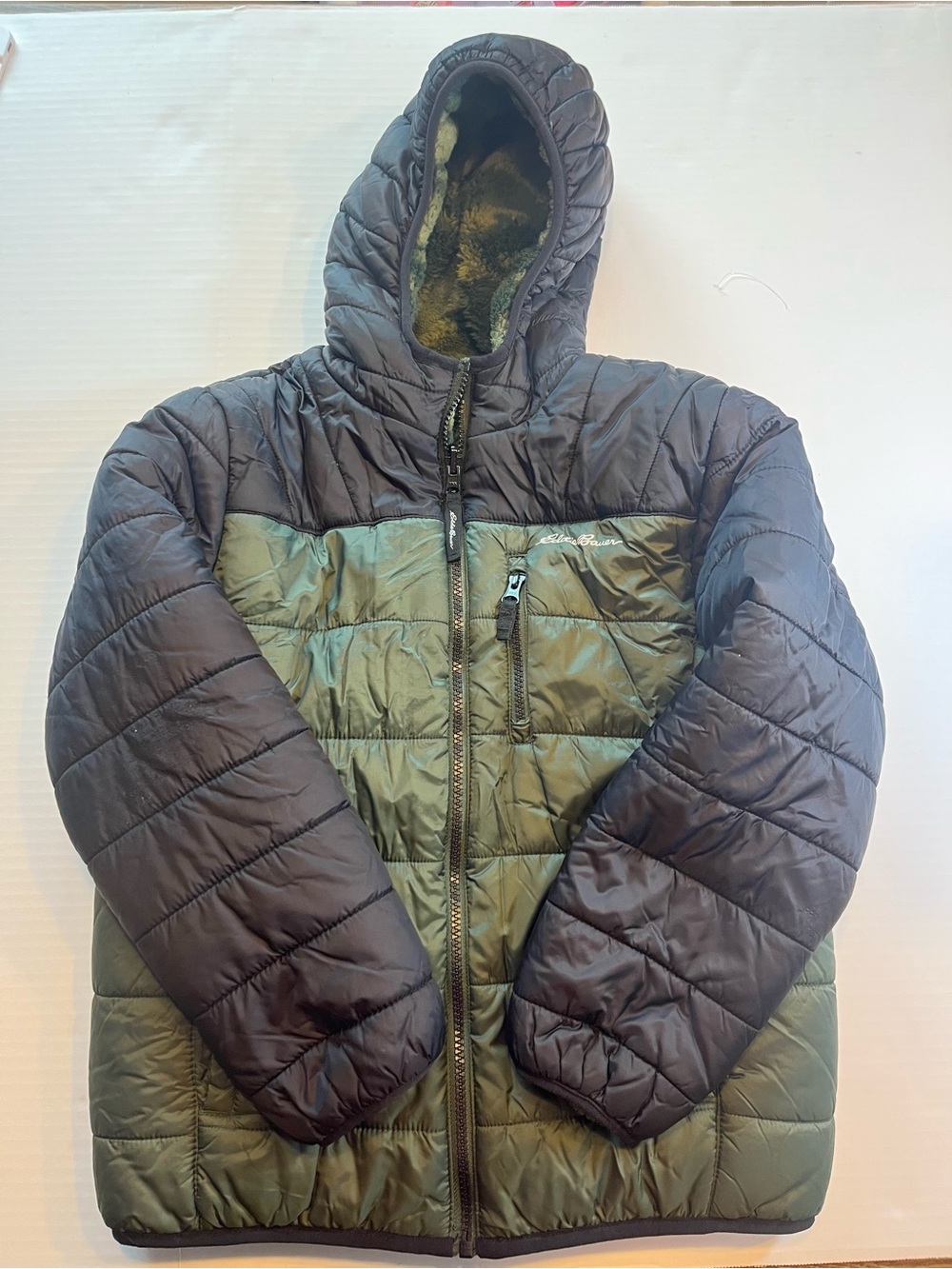 Eddie Bauer Kids Two-Tone Puffer Jacket in Dark Green & Black
